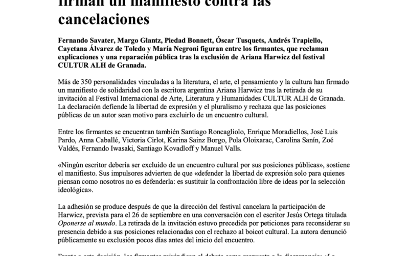 Lea aquí el manifiesto contra las cancelaciones firmado por 350 personalidades de la cultura